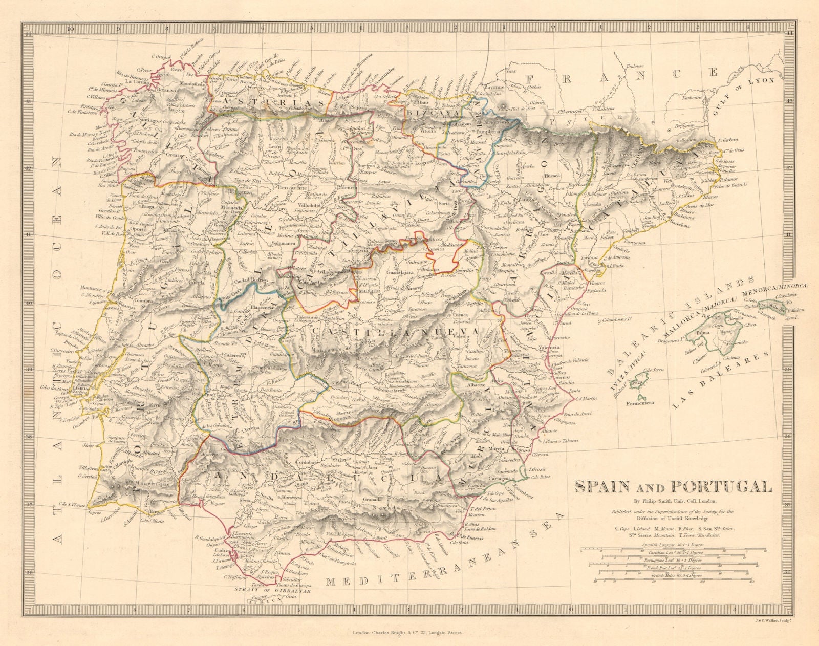 IBERIA. Spain and Portugal showing provinces. SDUK 1845 old antique map chart